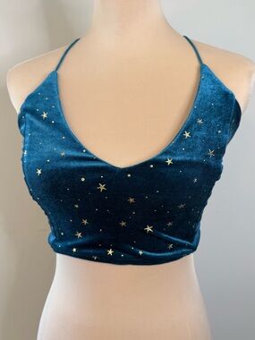 Teal velvet crop top gold stars open strappy back sexy boho SM